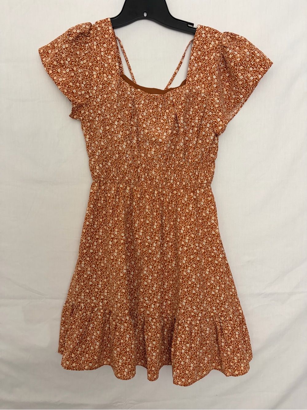 Altar'd State Floral Mini Dress Small Brown Rust Smocked Flutter Sleeve(A910)